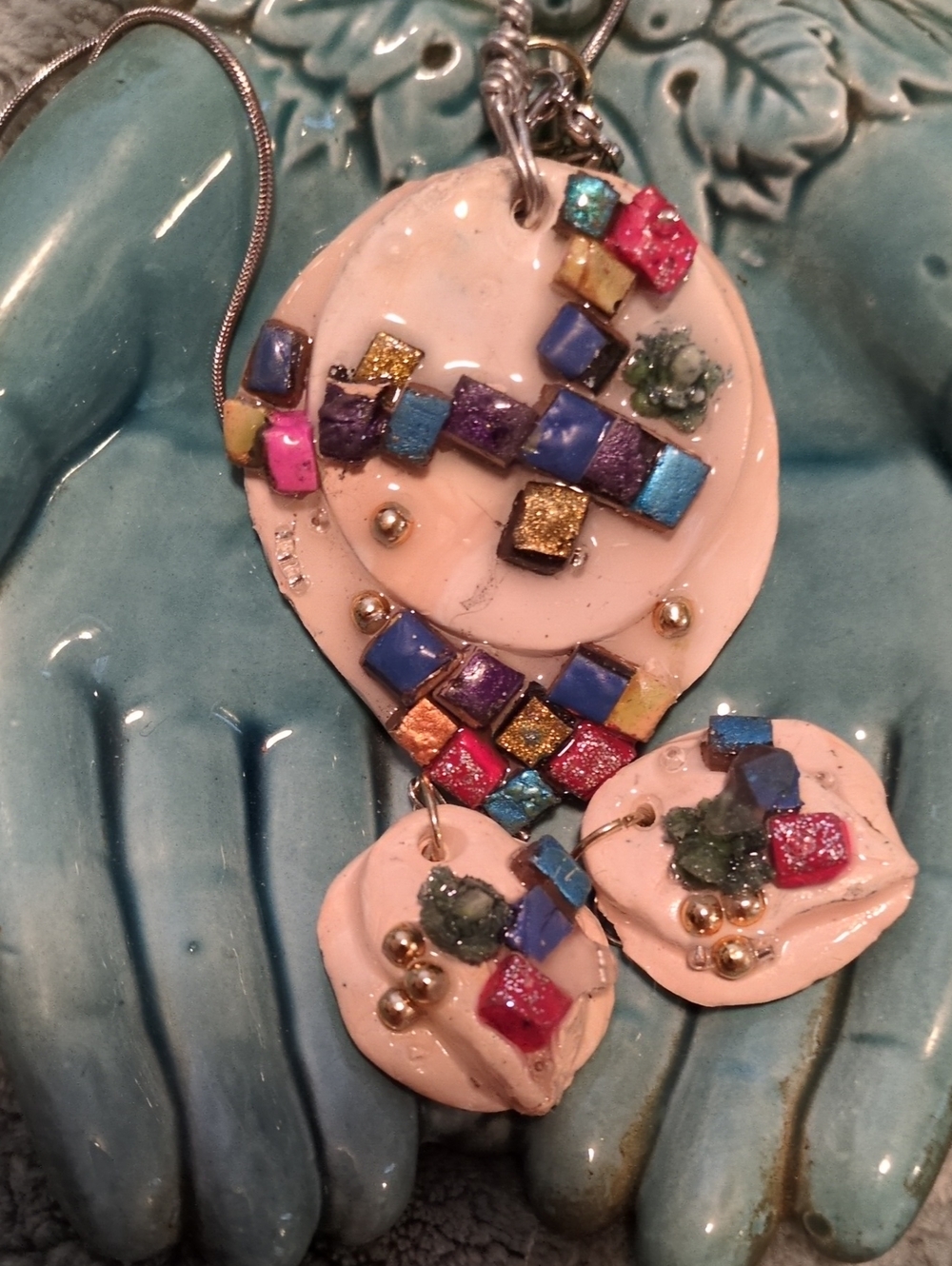 Handcrafted Multicolor Mosaic Pendant Necklace - Earrings Set